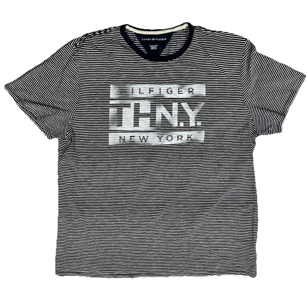 Tommy Hilfiger T-Shirt Men's 2XL Navy White Striped Regular THNY Casual TShirt